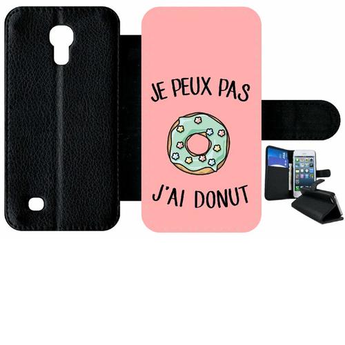 Etui À Rabat Samsung I9190 Galaxy S4 Mini - Je Peux Pas J Ai Donut Vert Fond Rose - Simili-Cuir - Noir