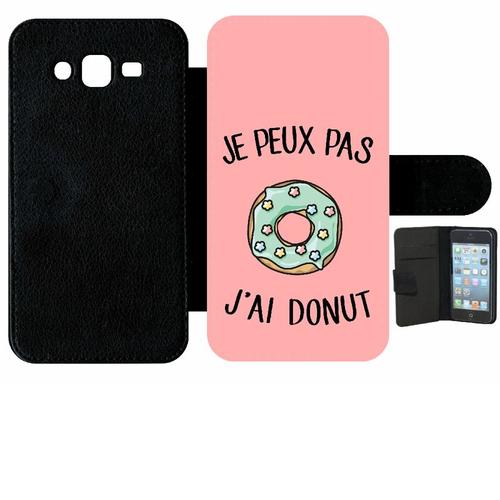 Etui À Rabat Galaxy J7 - Je Peux Pas J Ai Donut Vert Fond Rose - Simili-Cuir - Noir