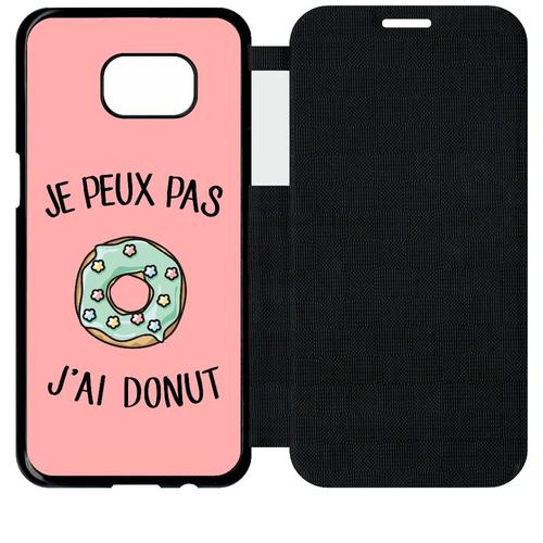 Etui A Flip Flap - Je Peux Pas J Ai Donut Vert Fond Rose - Compatible Avec Samsung Galaxy S7 Edge - Simili-Cuir - Bord Noir