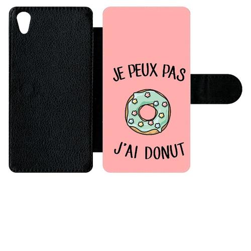 Etui À Rabat Xperia Z5 - Je Peux Pas J Ai Donut Vert Fond Rose - Simili-Cuir - Noir