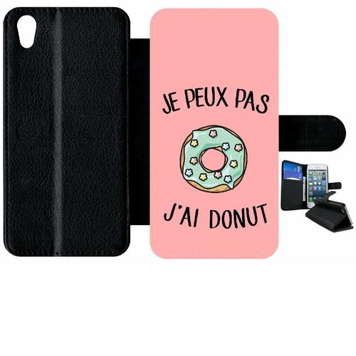 Etui À Rabat Xperia X Performance - Je Peux Pas J Ai Donut Vert Fond Rose - Simili-Cuir - Noir