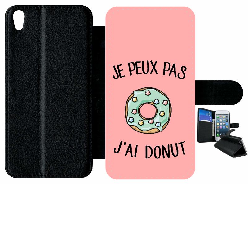 Etui À Rabat Xperia Xa - Je Peux Pas J Ai Donut Vert Fond Rose - Simili-Cuir - Noir