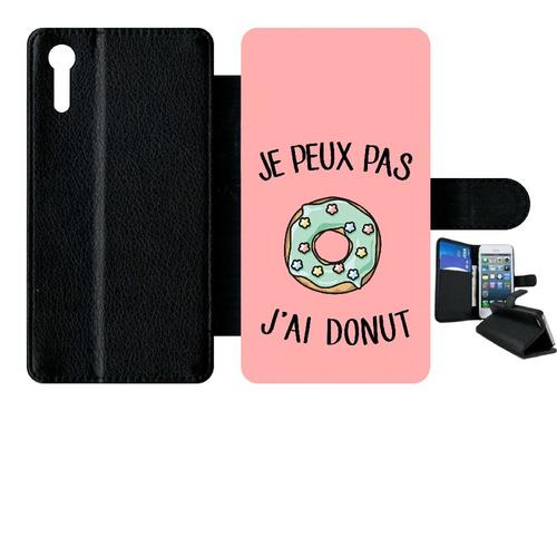 Etui À Rabat Xperia Xz - Je Peux Pas J Ai Donut Vert Fond Rose - Simili-Cuir - Noir