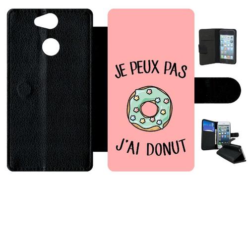 Etui A Rabat - Je Peux Pas J Ai Donut Vert Fond Rose - Compatible Avec Sony Xperia Xa2 - Simili-Cuir - Bord Noir