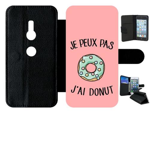 Etui A Rabat - Je Peux Pas J Ai Donut Vert Fond Rose - Compatible Avec Sony Xperia Xz2 - Simili-Cuir - Bord Noir