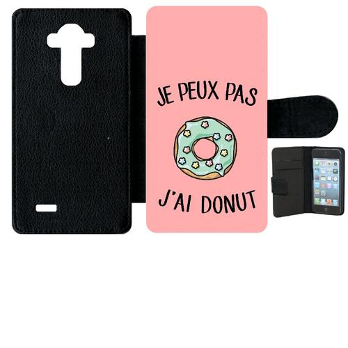 Etui A Rabat - Je Peux Pas J Ai Donut Vert Fond Rose - Compatible Avec Lg G4 - Simili-Cuir - Bord Noir