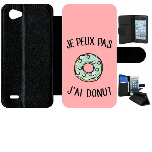 Etui A Rabat - Je Peux Pas J Ai Donut Vert Fond Rose - Compatible Avec Lg Q6 - Simili-Cuir - Bord Noir