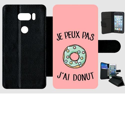 Etui A Rabat - Je Peux Pas J Ai Donut Vert Fond Rose - Compatible Avec Lg V30 - Plastique - Bord Noir