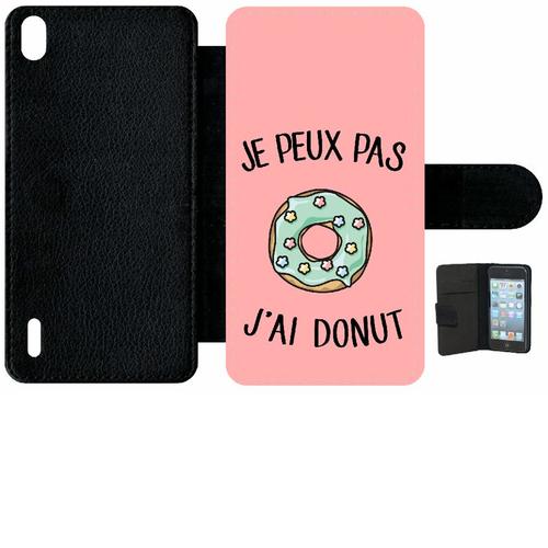 Etui A Rabat - Je Peux Pas J Ai Donut Vert Fond Rose - Compatible Avec Huawei Ascend P7 - Simili-Cuir - Bord Noir