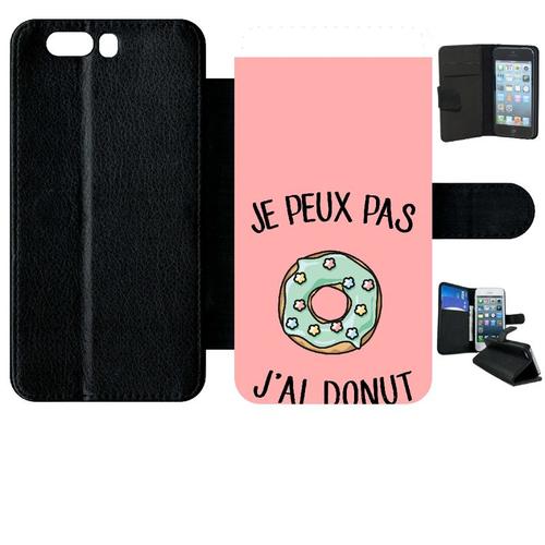 Etui A Rabat - Je Peux Pas J Ai Donut Vert Fond Rose - Compatible Avec Huawei Ascend P10+ - Simili-Cuir - Bord Noir