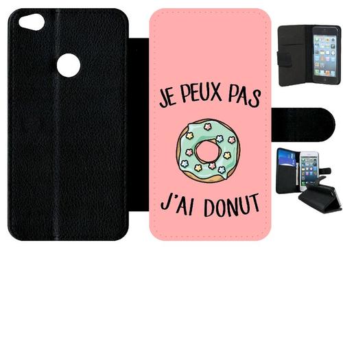 Etui A Rabat - Je Peux Pas J Ai Donut Vert Fond Rose - Compatible Avec Huawei P8 Lite (2017) - Simili-Cuir - Bord Noir