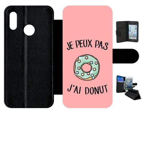 Etui A Rabat - Je Peux Pas J Ai Donut Vert Fond Rose - Compatible Avec Huawei P20 Lite - Simili-Cuir - Bord Noir