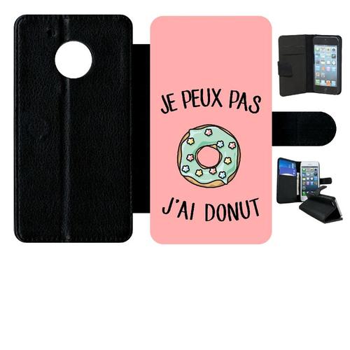 Etui A Rabat - Je Peux Pas J Ai Donut Vert Fond Rose - Compatible Avec Motorola Moto G5 - Simili-Cuir - Bord Noir