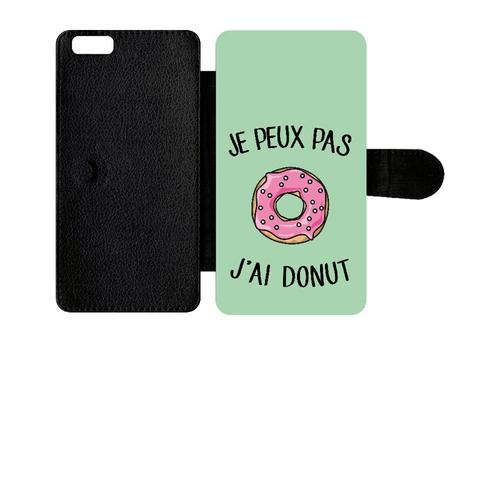 Etui A Rabat - Je Peux Pas J Ai Donut Rose Fond Vert Pastel - Compatible Avec Apple Iphone 6s+ - Simili-Cuir - Bord Noir