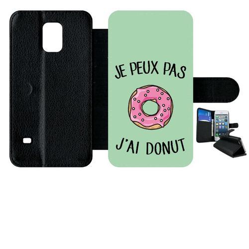 Etui A Rabat - Je Peux Pas J Ai Donut Rose Fond Vert Pastel - Compatible Avec Samsung Galaxy S5 - Plastique - Bord Noir