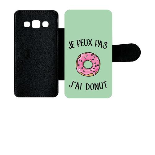 Etui A Rabat - Je Peux Pas J Ai Donut Rose Fond Vert Pastel - Compatible Avec Samsung Galaxy A3 (2015) - Simili-Cuir - Bord Noir