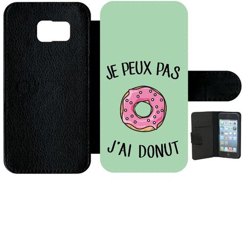 Etui À Rabat Galaxy S6 - Je Peux Pas J Ai Donut Rose Fond Vert Pastel - Simili-Cuir - Noir