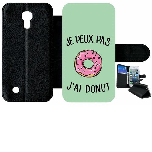 Etui À Rabat Samsung I9190 Galaxy S4 Mini - Je Peux Pas J Ai Donut Rose Fond Vert Pastel - Simili-Cuir - Noir