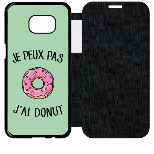 Etui A Flip Flap - Je Peux Pas J Ai Donut Rose Fond Vert Pastel - Compatible Avec Samsung Galaxy S7 Edge - Simili-Cuir - Bord Noir