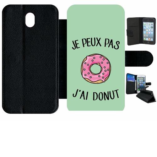 Etui À Rabat Galaxy J7 (2017) - Je Peux Pas J Ai Donut Rose Fond Vert Pastel - Simili-Cuir - Noir