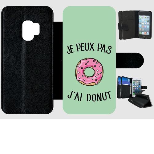 Etui A Rabat - Je Peux Pas J Ai Donut Rose Fond Vert Pastel - Compatible Avec Samsung Galaxy S9 - Plastique - Bord Noir