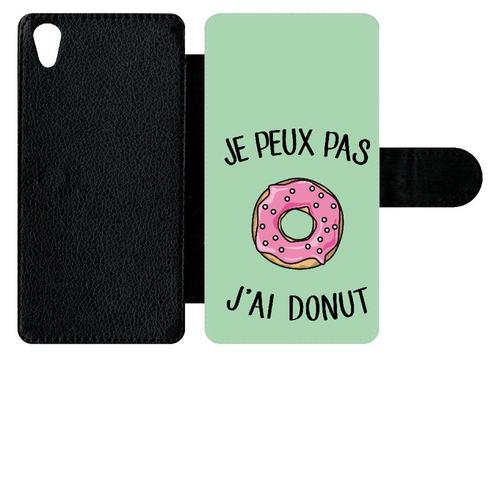 Etui À Rabat Xperia Z5 - Je Peux Pas J Ai Donut Rose Fond Vert Pastel - Simili-Cuir - Noir