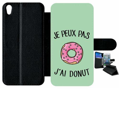 Etui À Rabat Xperia Xa - Je Peux Pas J Ai Donut Rose Fond Vert Pastel - Simili-Cuir - Noir