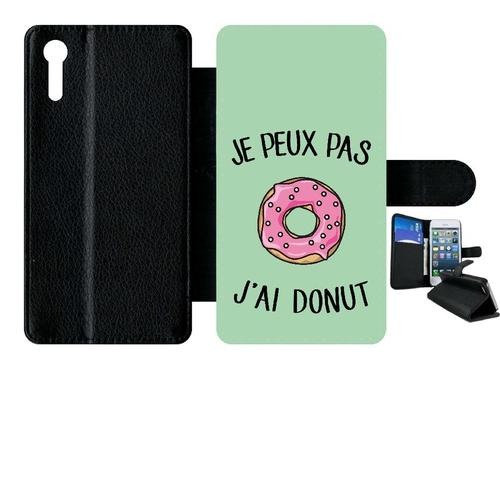 Etui À Rabat Xperia Xz - Je Peux Pas J Ai Donut Rose Fond Vert Pastel - Simili-Cuir - Noir