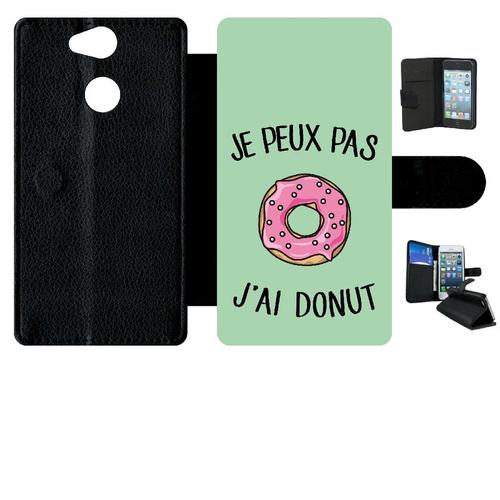 Etui A Rabat - Je Peux Pas J Ai Donut Rose Fond Vert Pastel - Compatible Avec Sony Xperia Xa2 - Simili-Cuir - Bord Noir