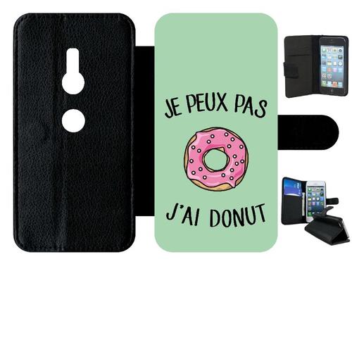 Etui A Rabat - Je Peux Pas J Ai Donut Rose Fond Vert Pastel - Compatible Avec Sony Xperia Xz2 - Simili-Cuir - Bord Noir