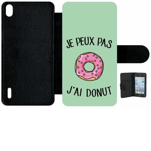 Etui A Rabat - Je Peux Pas J Ai Donut Rose Fond Vert Pastel - Compatible Avec Huawei Ascend P7 - Plastique - Bord Noir