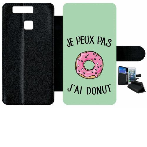 Etui A Rabat - Je Peux Pas J Ai Donut Rose Fond Vert Pastel - Compatible Avec Huawei Ascend P9 - Simili-Cuir - Bord Noir