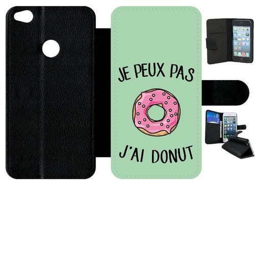 Etui A Rabat - Je Peux Pas J Ai Donut Rose Fond Vert Pastel - Compatible Avec Huawei P8 Lite (2017) - Simili-Cuir - Bord Noir