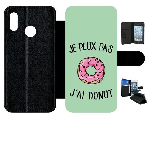 Etui A Rabat - Je Peux Pas J Ai Donut Rose Fond Vert Pastel - Compatible Avec Huawei P20 Lite - Simili-Cuir - Bord Noir