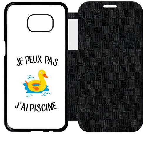 Etui A Flip Flap - Je Peux Pas J Ai Piscine Bouee Canard Fond Blanc - Compatible Avec Samsung Galaxy S7 Edge - Simili-Cuir - Bord Noir