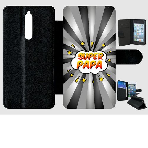 Etui A Rabat - Super Papa Fond Graphique Gris - Compatible Avec Nokia 8 - Plastique - Bord Noir