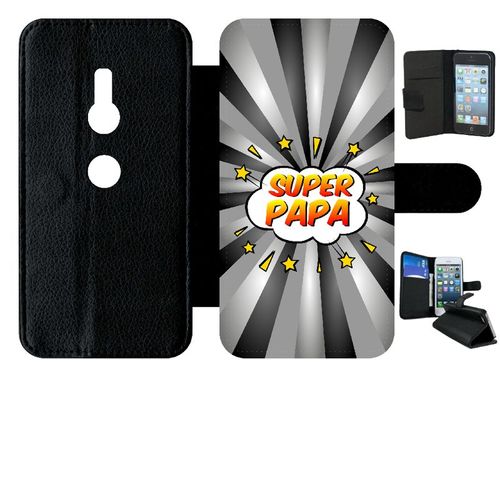 Etui A Rabat - Super Papa Fond Graphique Gris - Compatible Avec Sony Xperia Xz2 - Simili-Cuir - Bord Noir