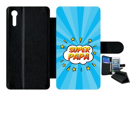 Etui À Rabat Xperia Xz - Super Papa Fond Graphique Bleu - Simili-Cuir - Noir