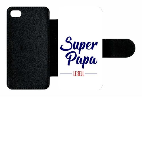 Etui A Rabat - Super Papa Le Seul Fond Blanc - Compatible Avec Apple Iphone 4s - Plastique - Bord Noir