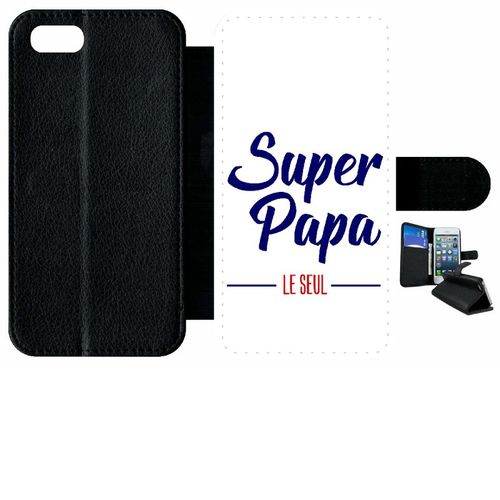 Etui A Rabat - Super Papa Le Seul Fond Blanc - Compatible Avec Apple Iphone 7 - Simili-Cuir - Bord Noir