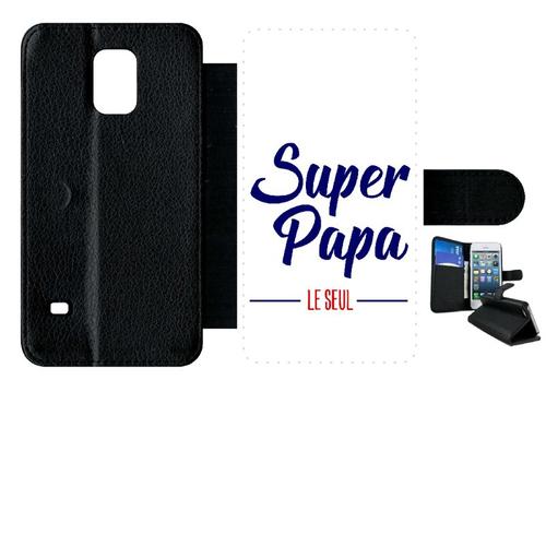 Etui A Rabat - Super Papa Le Seul Fond Blanc - Compatible Avec Samsung Galaxy S5 - Plastique - Bord Noir