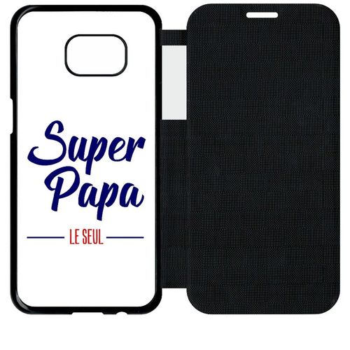 Etui A Flip Flap - Super Papa Le Seul Fond Blanc - Compatible Avec Samsung Galaxy S7 Edge - Simili-Cuir - Bord Noir