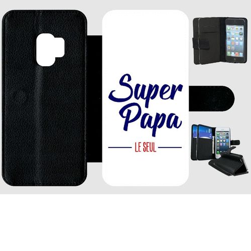 Etui A Rabat - Super Papa Le Seul Fond Blanc - Compatible Avec Samsung Galaxy S9 - Simili-Cuir - Bord Noir