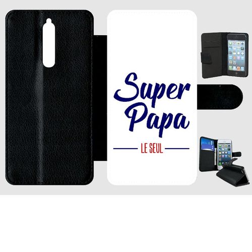 Etui A Rabat - Super Papa Le Seul Fond Blanc - Compatible Avec Nokia 8 - Plastique - Bord Noir