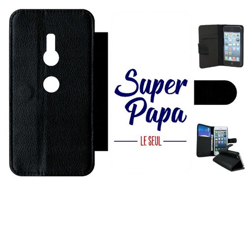 Etui A Rabat - Super Papa Le Seul Fond Blanc - Compatible Avec Sony Xperia Xz2 - Simili-Cuir - Bord Noir