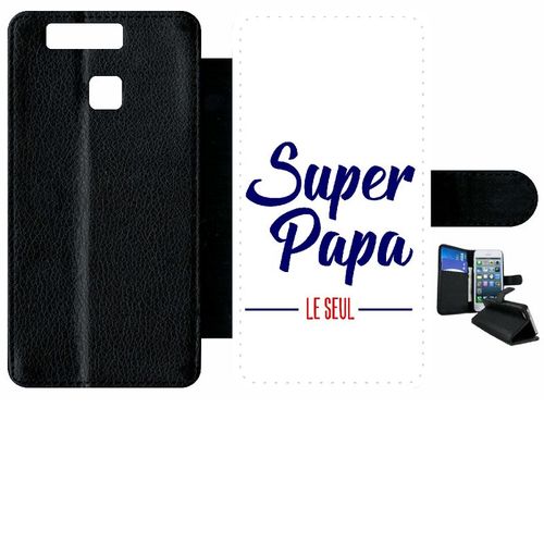 Etui A Rabat - Super Papa Le Seul Fond Blanc - Compatible Avec Huawei Ascend P9 - Simili-Cuir - Bord Noir