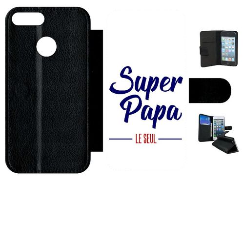 Etui A Rabat - Super Papa Le Seul Fond Blanc - Compatible Avec Honor 9 Lite - Simili-Cuir - Bord Noir