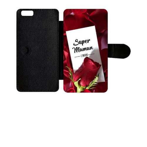 Etui A Rabat - Super Maman L Unique Fond Rose Rouge - Compatible Avec Apple Iphone 6+ - Simili-Cuir - Bord Noir