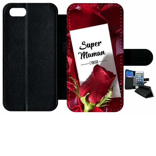 Etui A Rabat - Super Maman L Unique Fond Rose Rouge - Compatible Avec Apple Iphone 7 - Simili-Cuir - Bord Noir