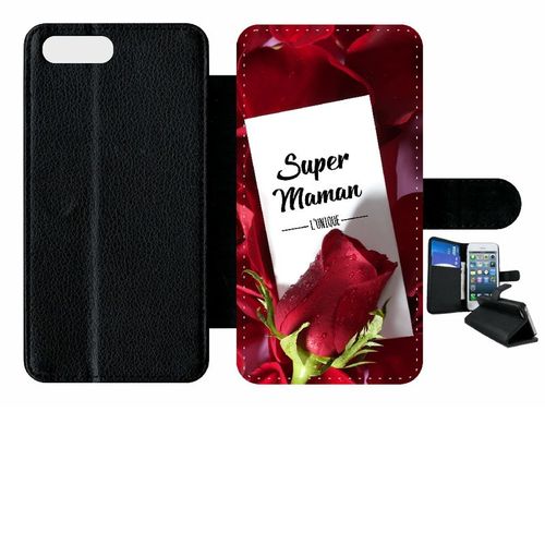 Etui A Rabat - Super Maman L Unique Fond Rose Rouge - Compatible Avec Apple Iphone 7+ - Simili-Cuir - Bord Noir